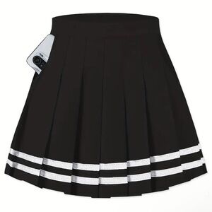 NWT High-Waisted Black Pleated A-Line Skirt with White Stripes